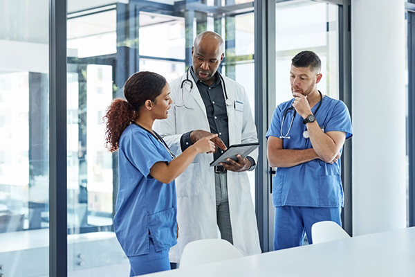 Modern hospital with doctors and care teams supporting patients