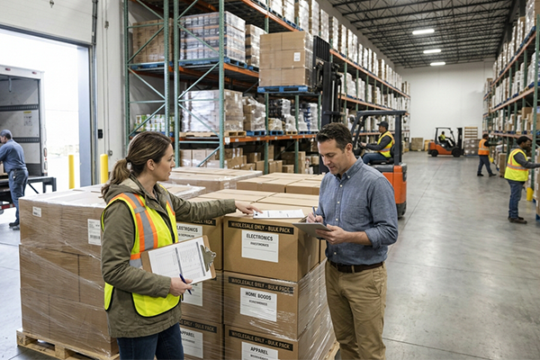 Warehouse with stacked goods and trading teams managing orders